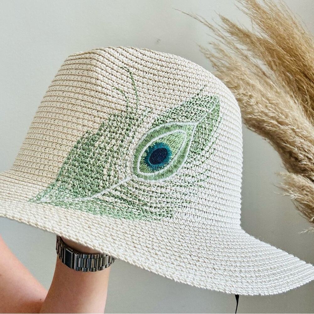 VINTAGE NORDSTROM Cream Tan Straw Wide Visor Brim Green Peacock Fedora Sun Hat - Picture 10 of 11